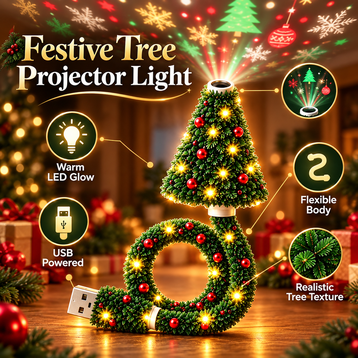 Christmas Tree Projection Night Light, Christmas Ceiling Projector USB Powered Hd Christmas Scene Projector, Plug-In Flexible Tree Lamp, 6 Magical Light Effects for Instant Holiday Magic