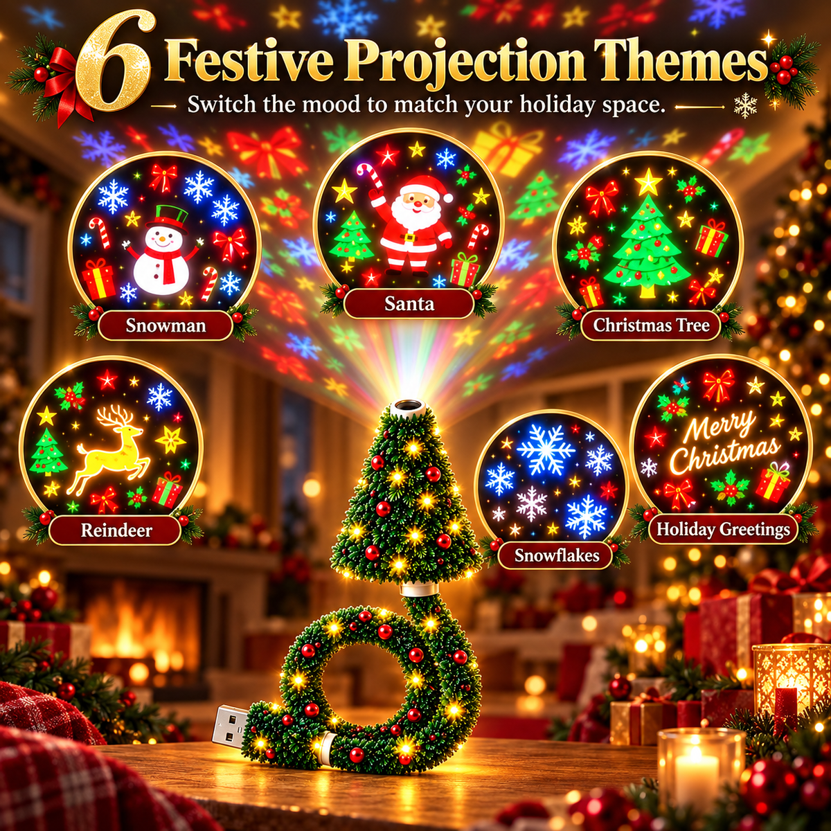Christmas Tree Projection Night Light, Christmas Ceiling Projector USB Powered Hd Christmas Scene Projector, Plug-In Flexible Tree Lamp, 6 Magical Light Effects for Instant Holiday Magic